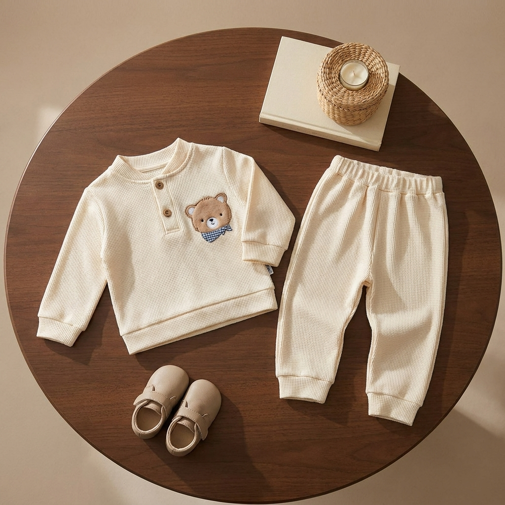 Flat lay of the Cream textured bear-patch two-piece suit, showing the two-button Henley neckline and elastic-waist cuffed trousers.