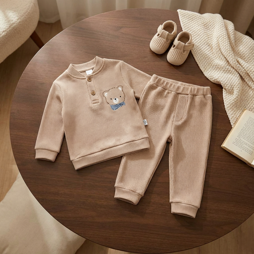 Flat lay of the Brown textured kids two-piece suit with teddy bear chest patch, long-sleeve top and matching ribbed-cuff trousers.