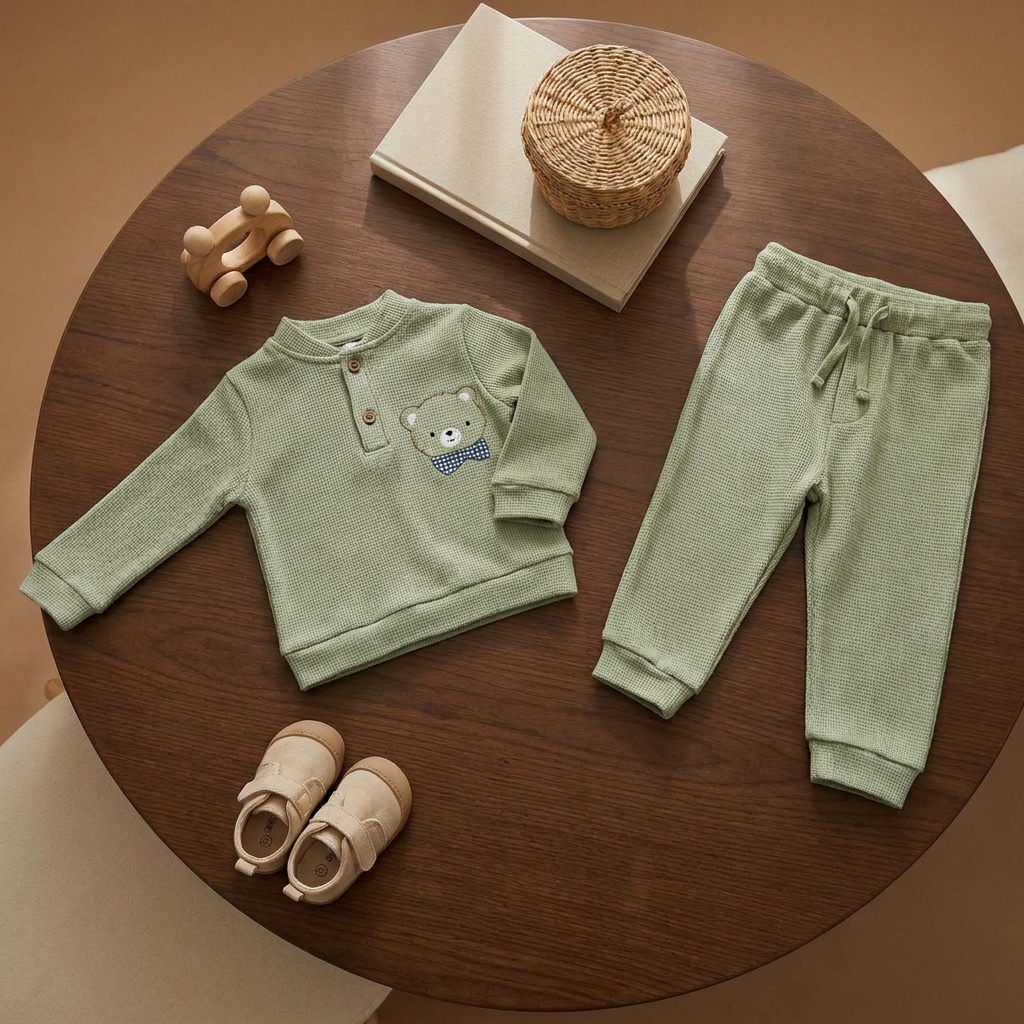Flat lay of the Green textured two-piece suit on a round wooden table, with bear-patch Henley top and matching cuffed drawstring trousers.