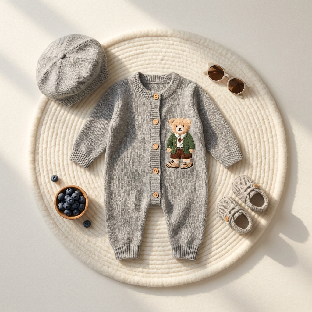 Baby 2-Piece Knitted Bear Romper & Beret Set – 3 Colors