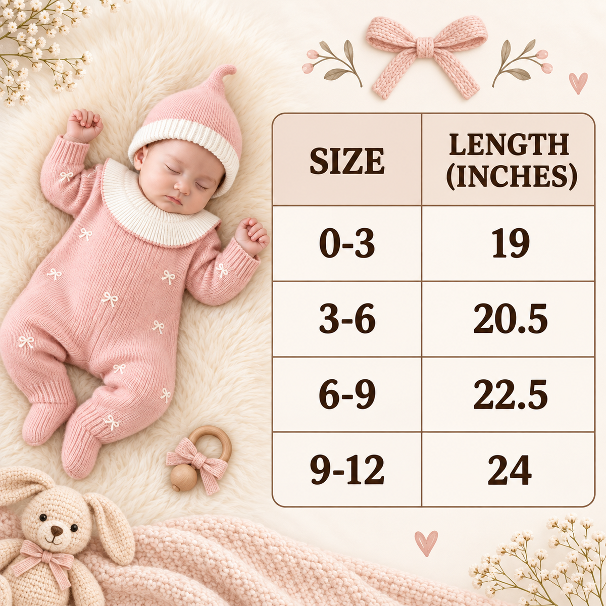 Baby girl knitted romper and cap set size chart