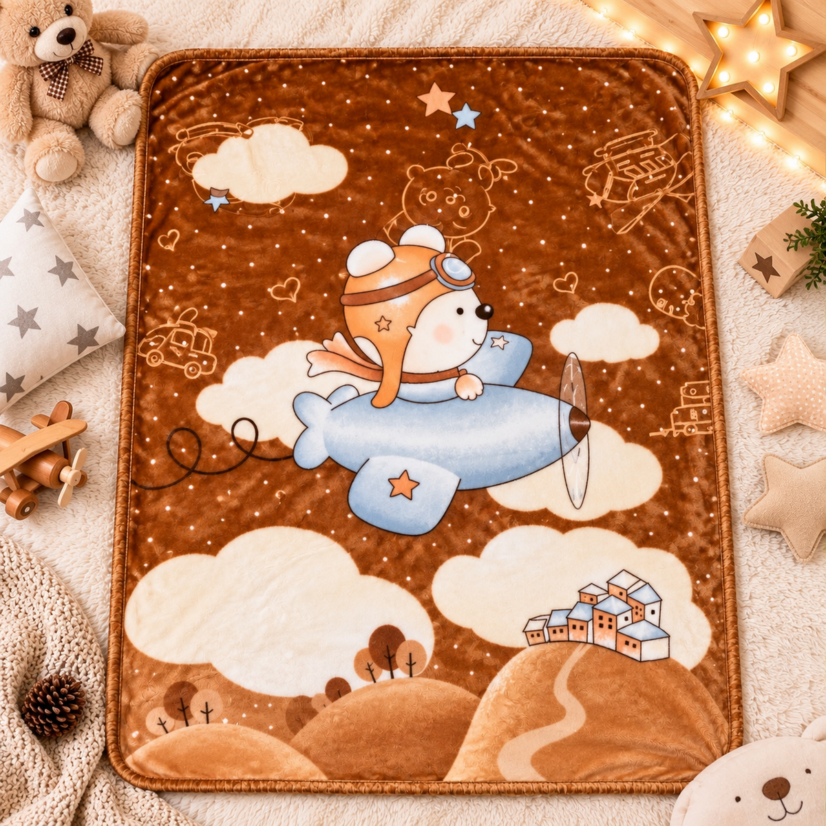 Brown plush baby blanket open view - Faba Kids