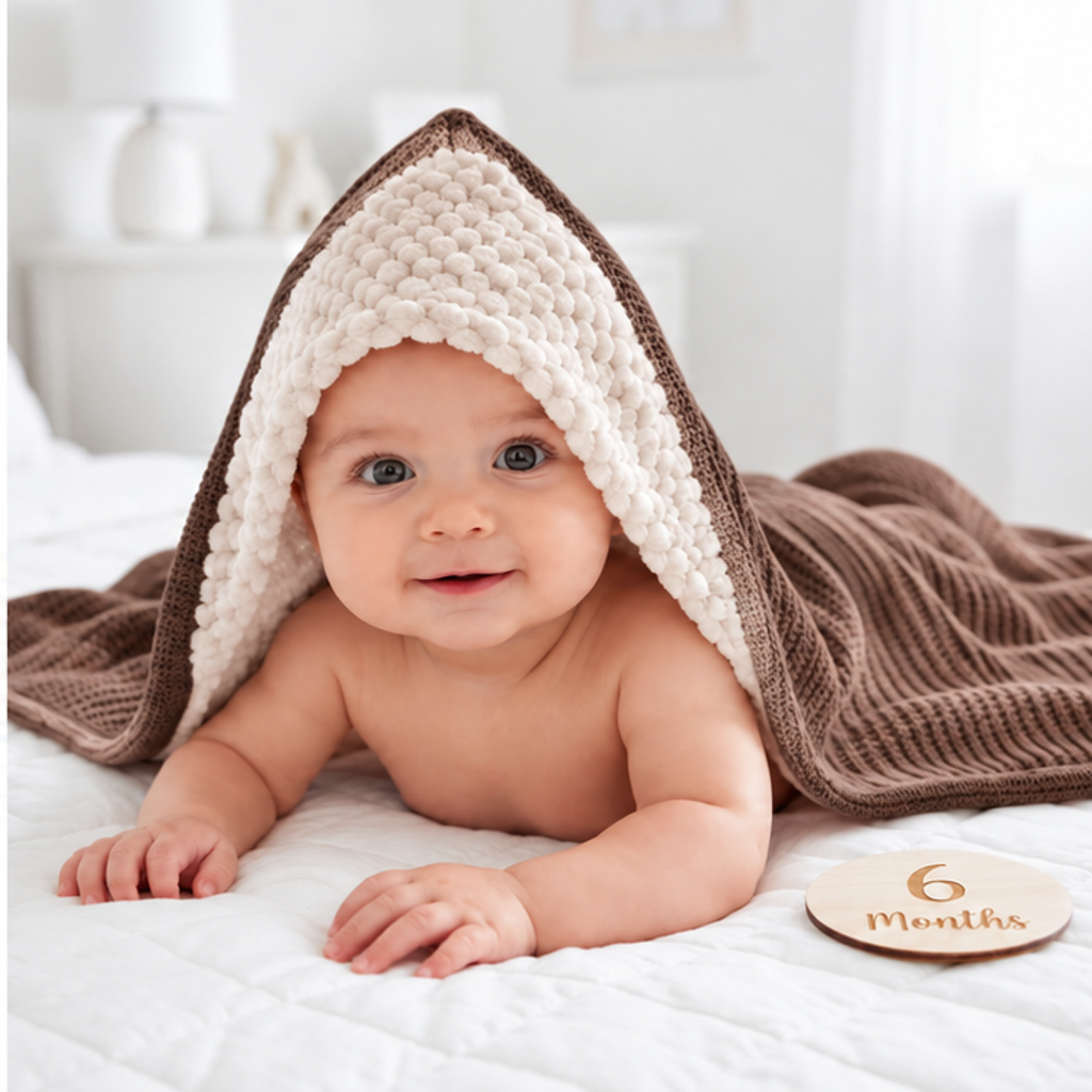 Baby on a White bed wrapped beneath a Brown ribbed knit hooded shawl with a thick White bobble-look lined hood.