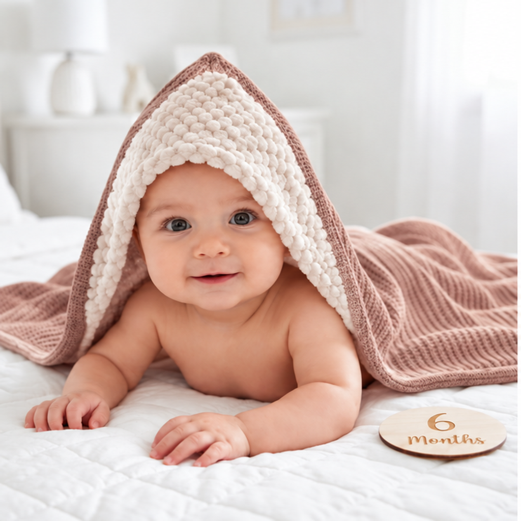 Baby posed beneath a Mauve ribbed knit hooded wrapping shawl, showing the plush White textured hood lining and draped wrap shape.