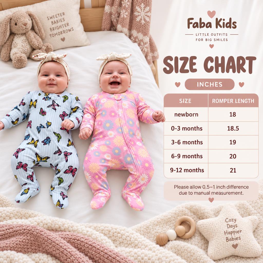 Faba Kids size chart for printed footed zip rompers, showing newborn through 9–12 months and romper lengths from 18 to 21 inches.