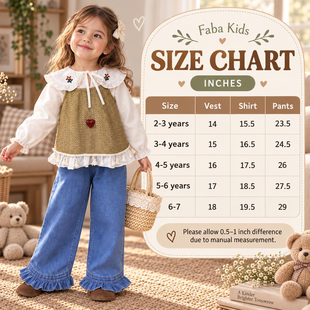 Faba Kids size chart for girls vest, shirt and pant set in sizes 2-3 years through 6-7 years, with measurements in inches.