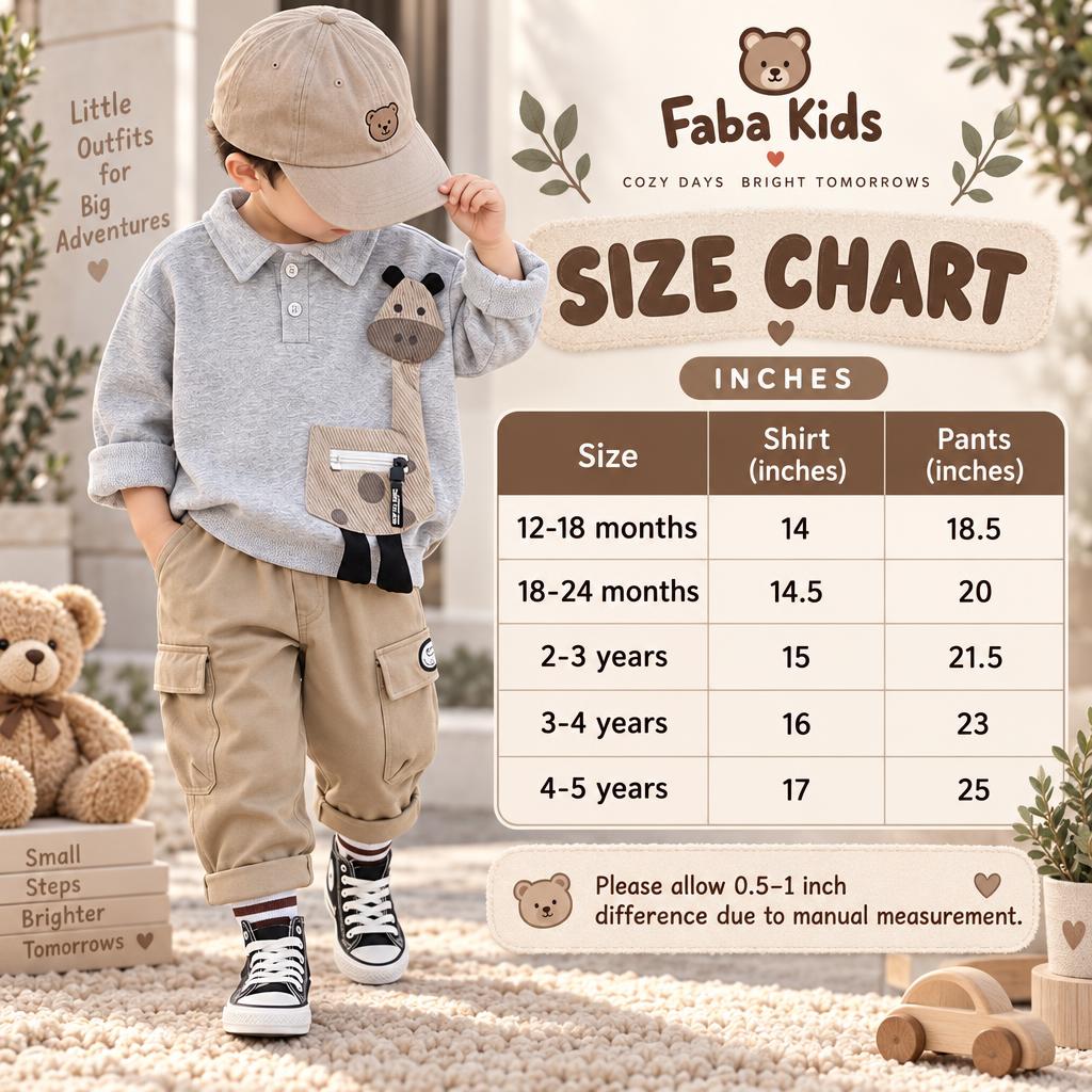 Faba Kids size chart for boys horse applique shirt and baggy pant set, showing sizes from 12-18 months to 4-5 years.