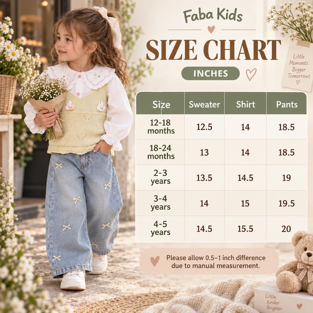 Faba Kids size chart for girls sweater, shirt and pant set in sizes 12-18 months to 4-5 years, with measurements in inches.