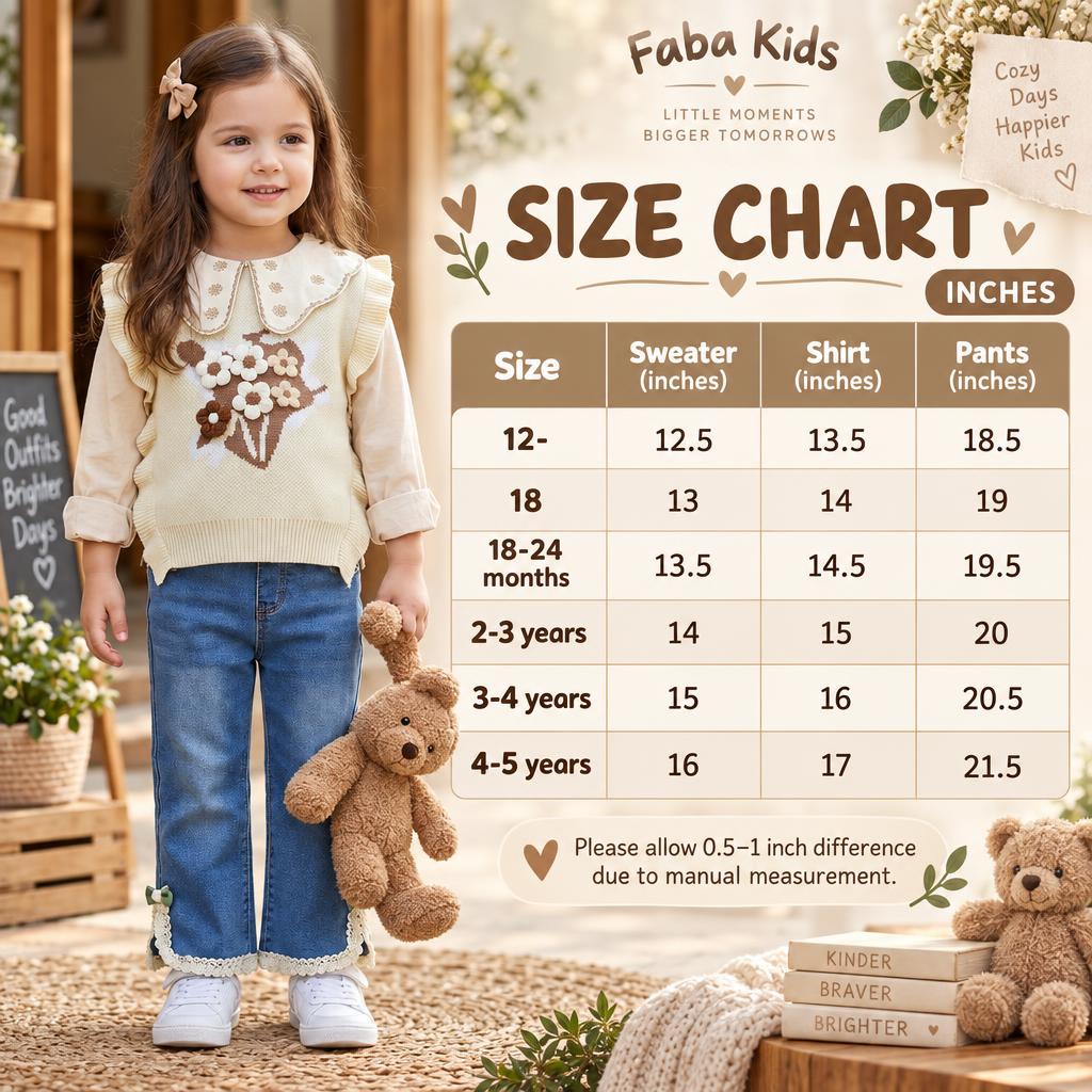 Faba Kids size chart for girls flower knit sweater, shirt and denim pant 3PC set, showing sizes 12 months through 4-5 years and inch measurements.