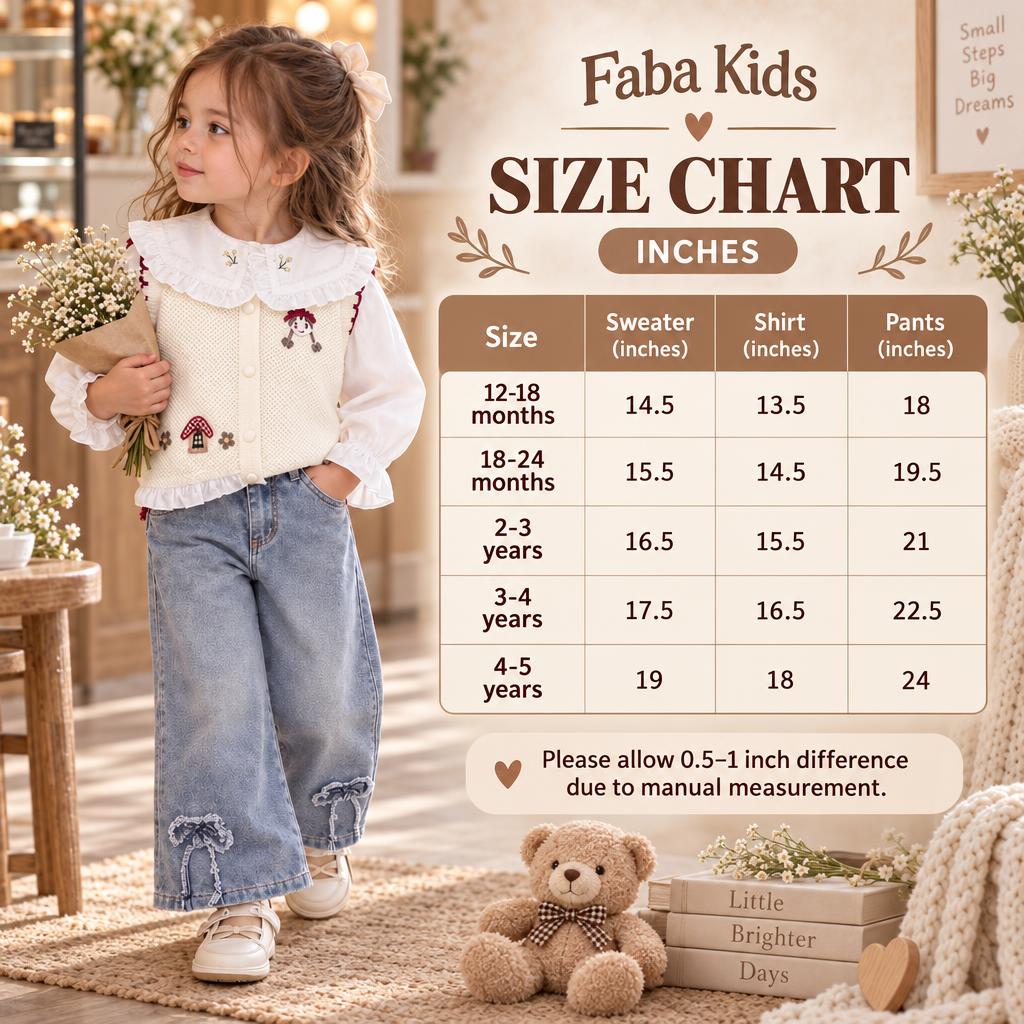 Faba Kids size chart for girls sweater, shirt and pant set, covering 12-18 months through 4-5 years with measurements in inches.