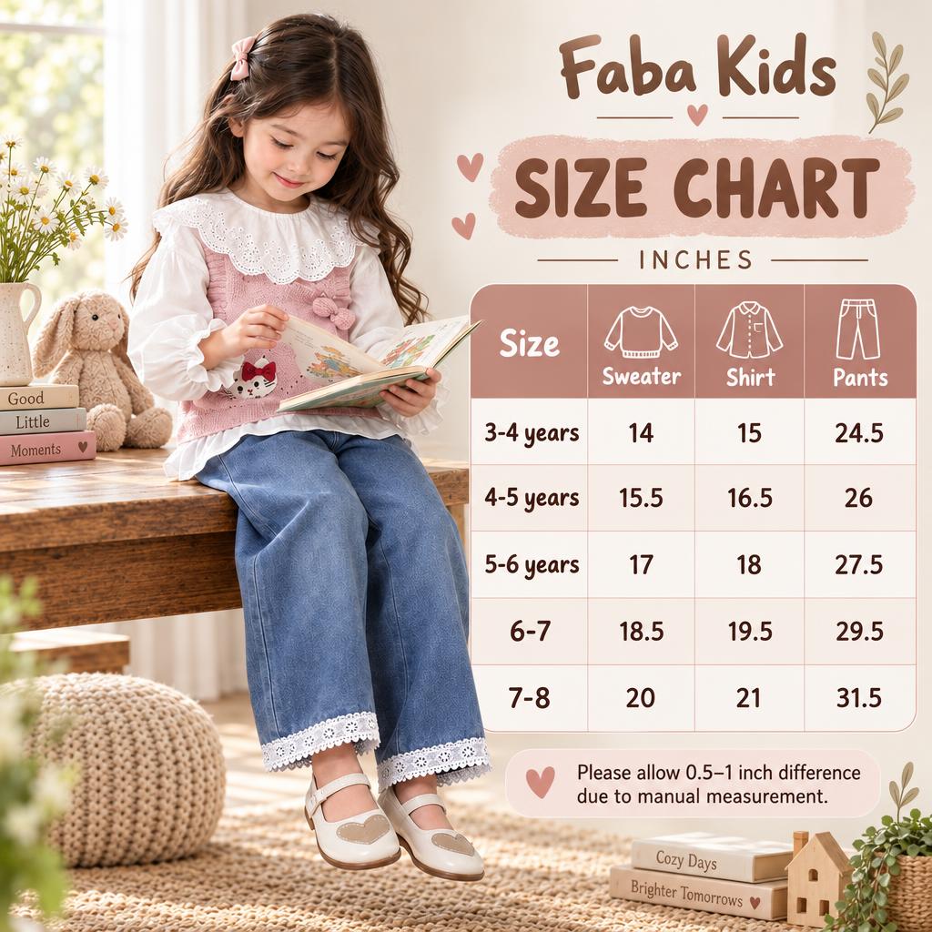Faba Kids size chart for girls sweater, shirt and pant set in sizes 3-4 years through 7-8 years, with measurements in inches.