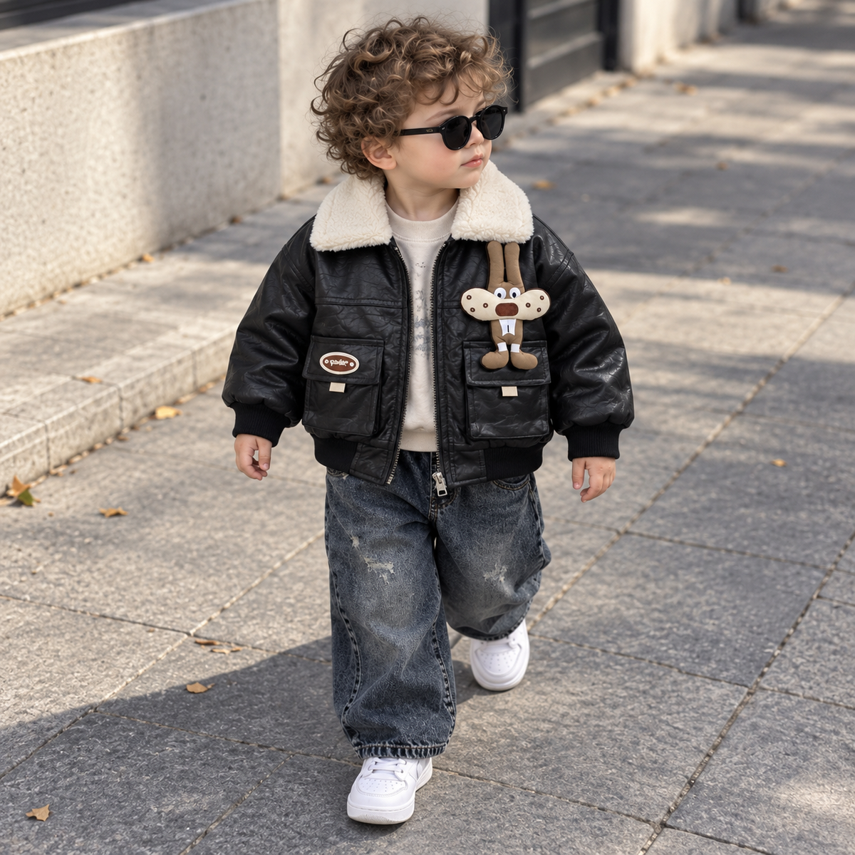 Boy wearing black kids bunny pocket winter jacket with plush fur collar