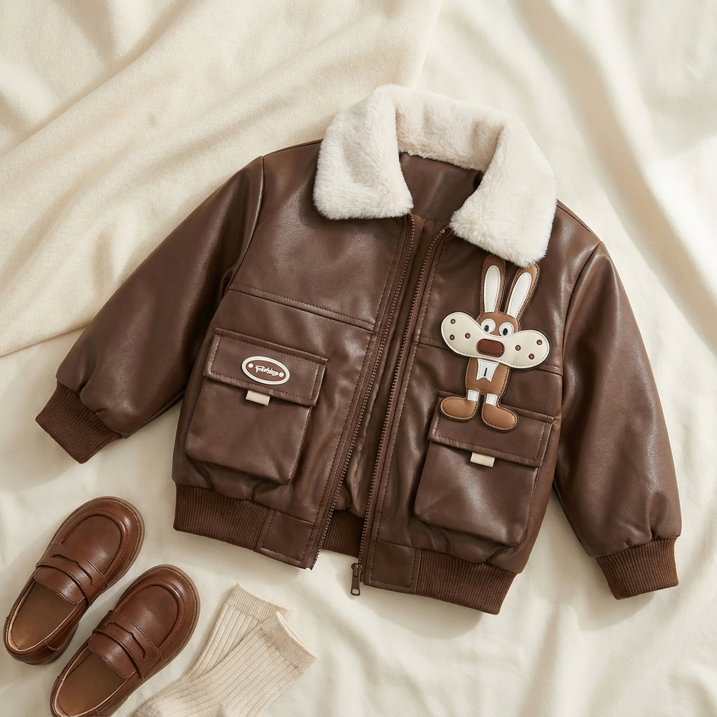 Brown kids bunny pocket winter jacket flat lay with plush fur collar