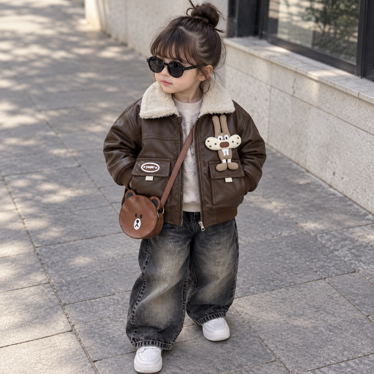 Girl wearing brown kids bunny pocket winter jacket with plush fur collar