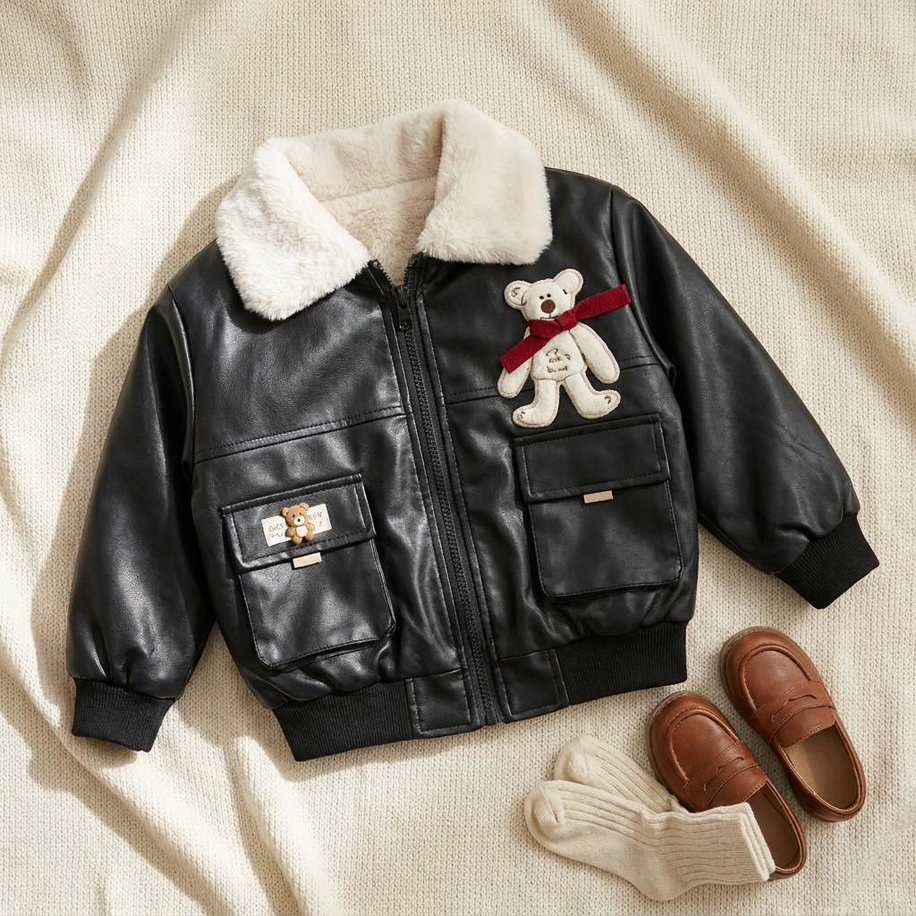 Black kids winter jacket flat lay with fur collar and bear patch
