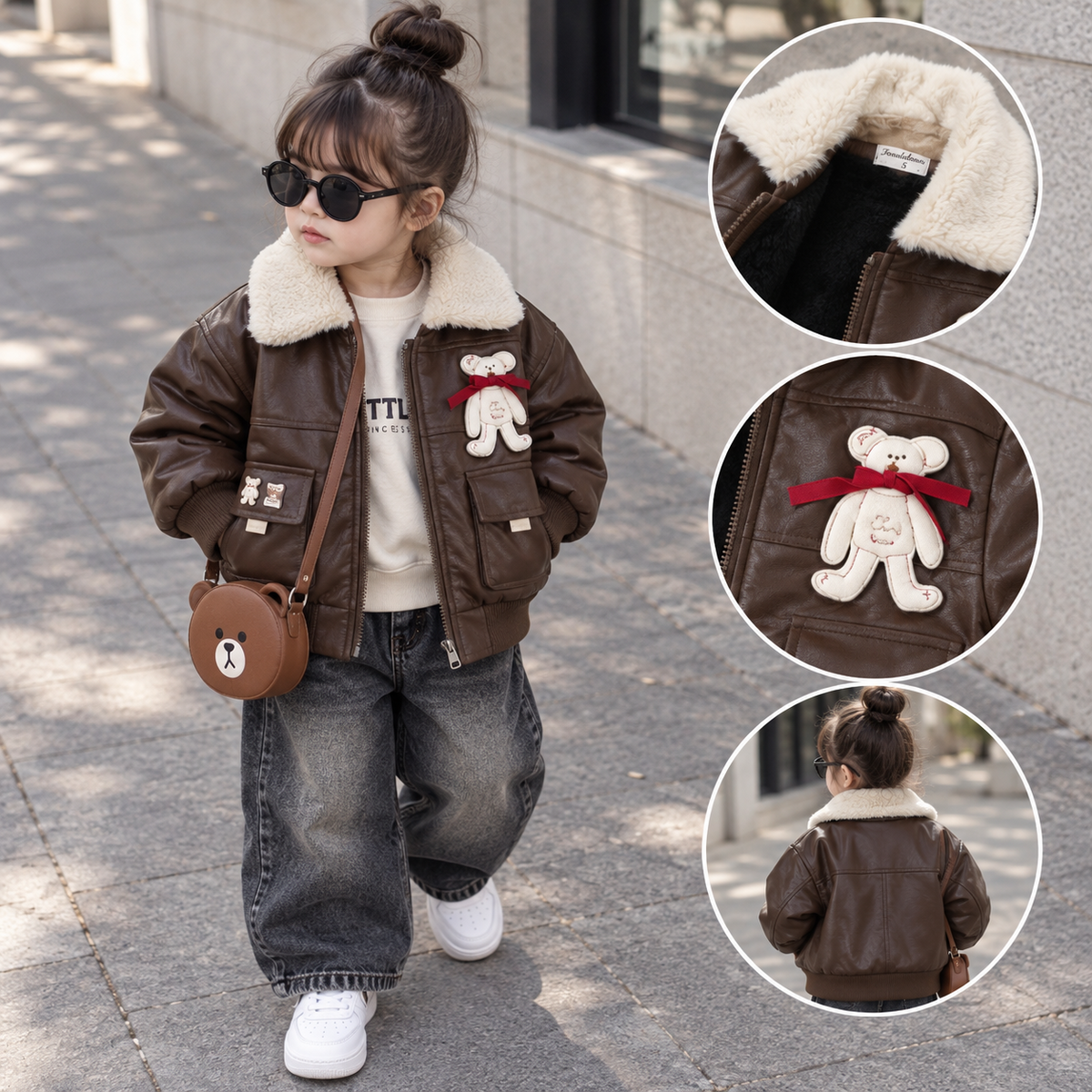 Brown kids winter jacket with fur collar, bear patch, and back detail views