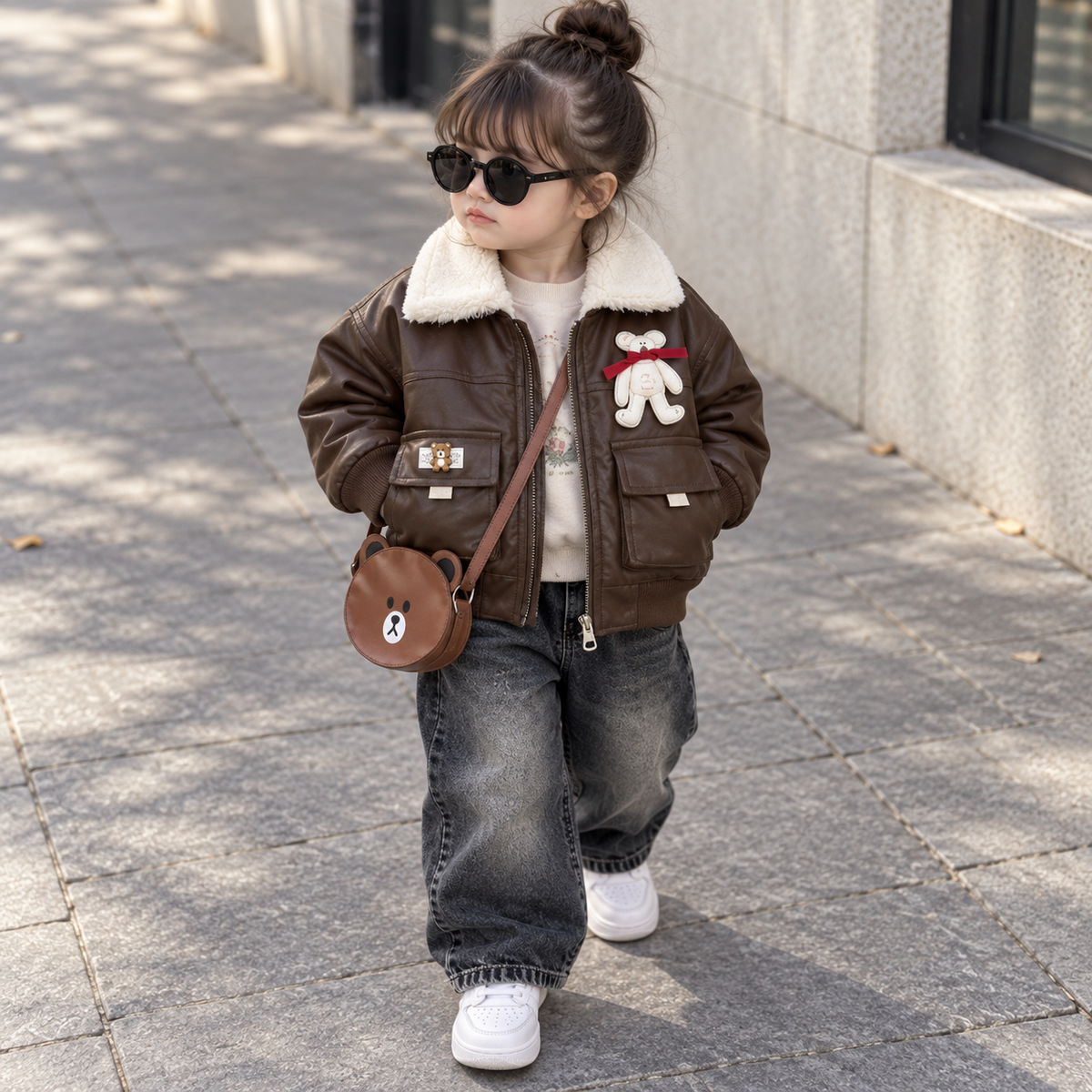Girl wearing brown kids winter jacket with soft fur collar and bear patch