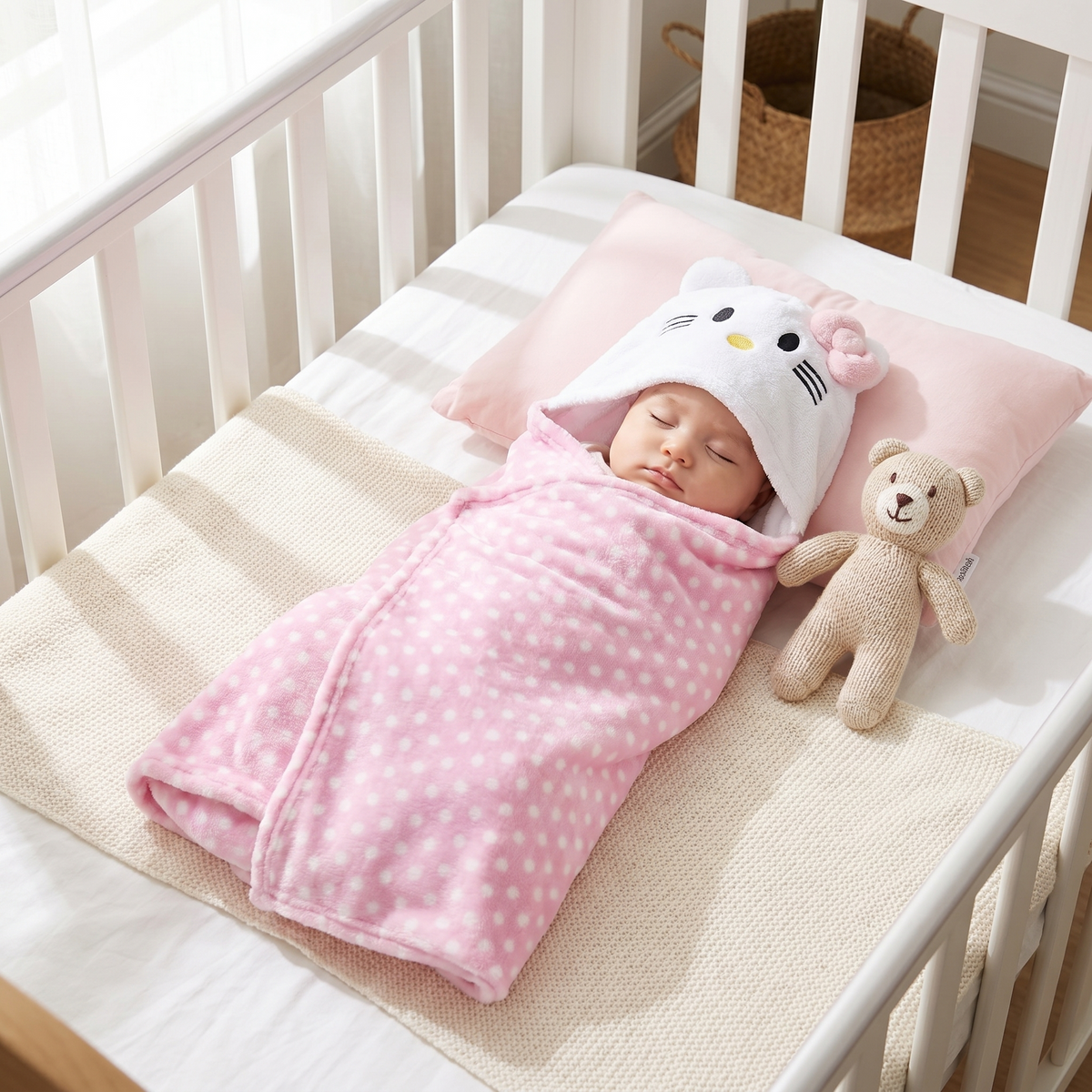 Baby wrapped in kitty character hooded shawl