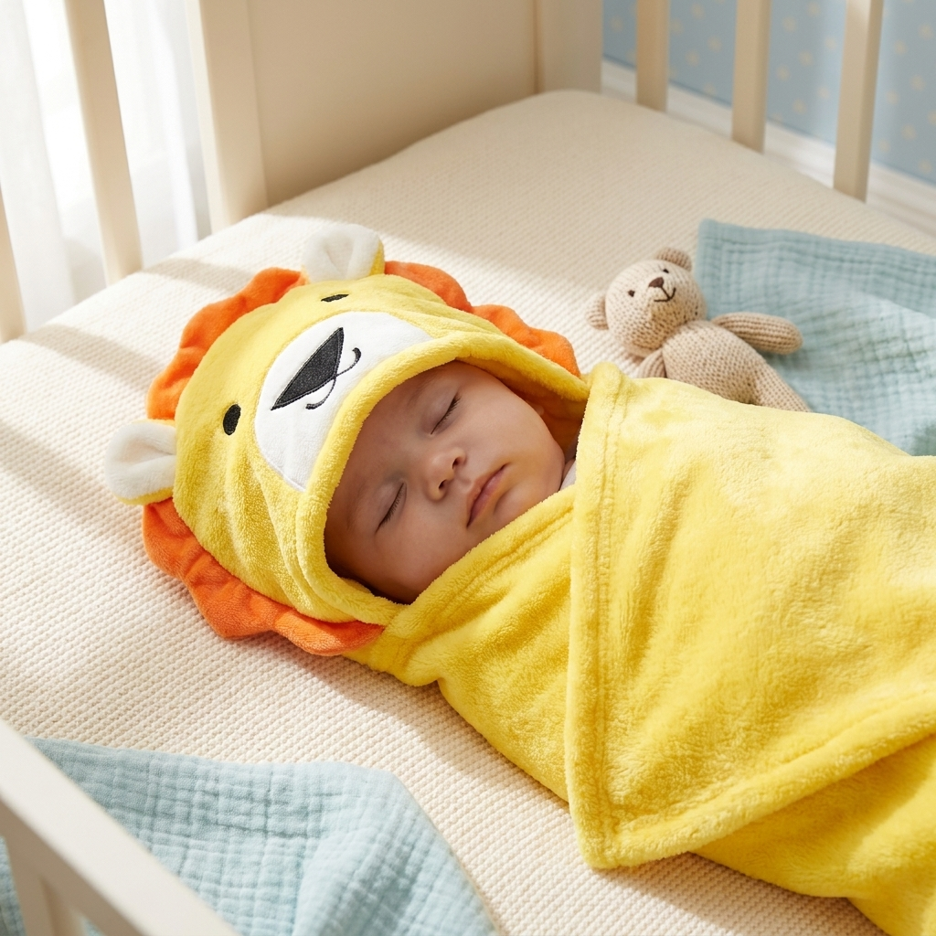 Baby wrapped in lion character hooded shawl