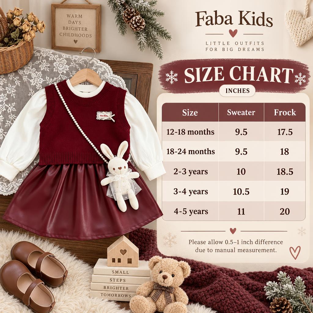 Faba Kids size chart for girls knit sweater and leather-look frock set, showing sweater and frock measurements for 12-18 months through 4-5 years.
