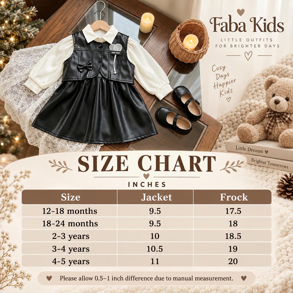 Faba Kids size chart for the girls leather-look jacket and frock 2pc set, showing jacket and frock measurements for 12-18 months through 4-5 years.
