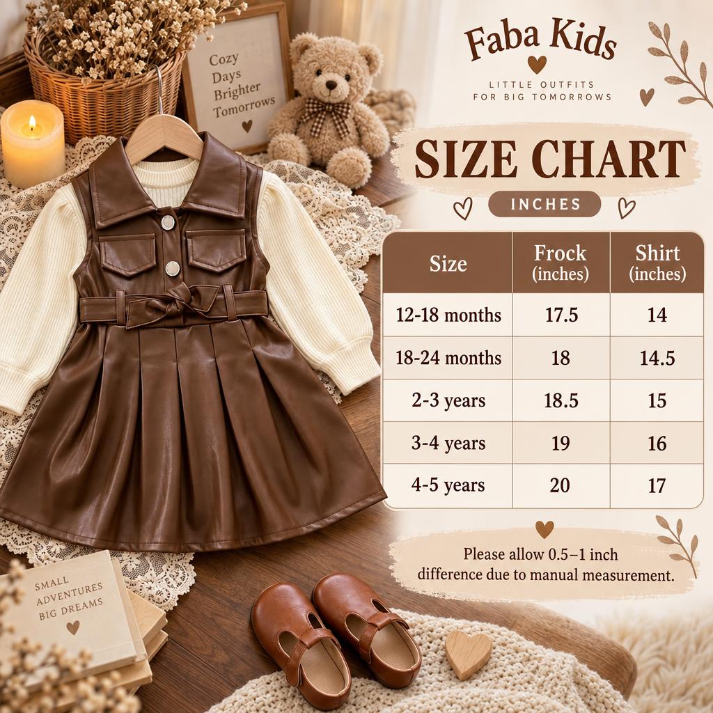 Faba Kids size chart for the leather-look frock and shirt 2pc set, showing frock and shirt measurements for sizes 12-18 months through 4-5 years.
