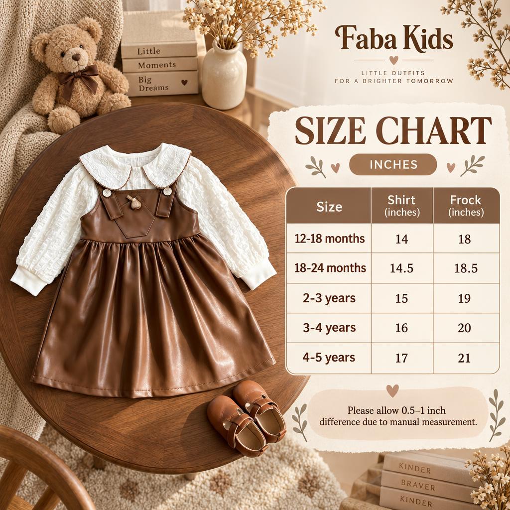 Faba Kids size chart for the Brown leather-look pinafore frock and shirt 2pc set, showing shirt and frock measurements for 12-18 months through 4-5 years.