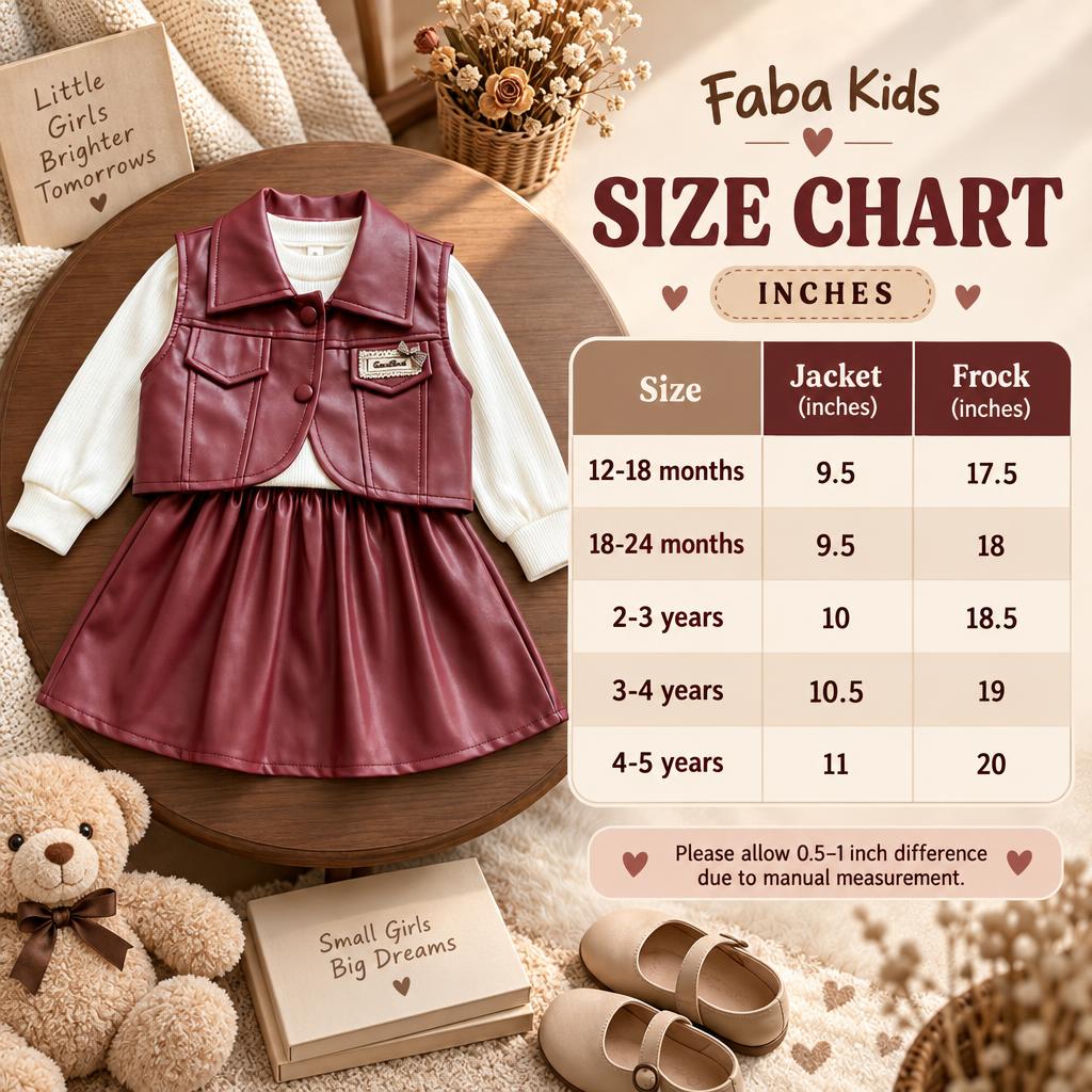 Faba Kids size chart for girls leather-look jacket and frock set, showing jacket and frock measurements for 12-18 months through 4-5 years.