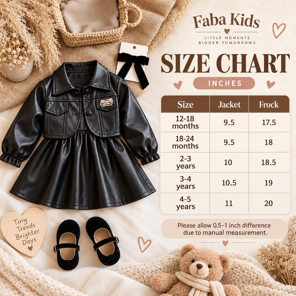 Faba Kids size chart for the girls Black leather-look jacket and frock 2pc set, showing jacket and frock lengths for 12-18 months through 4-5 years.