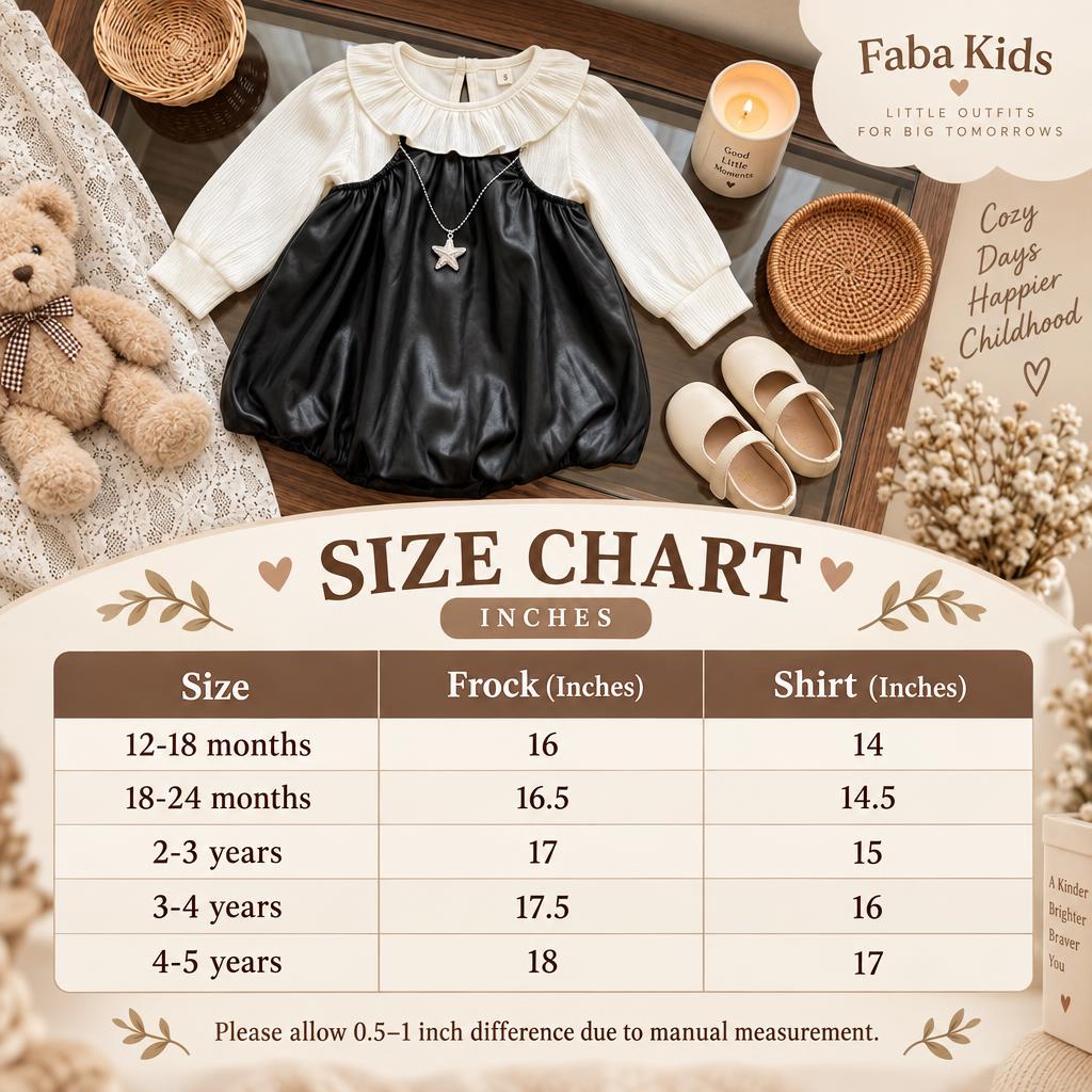Faba Kids size chart for leather-look frock and shirt 2pc set, showing frock and shirt lengths for 12-18 months through 4-5 years.