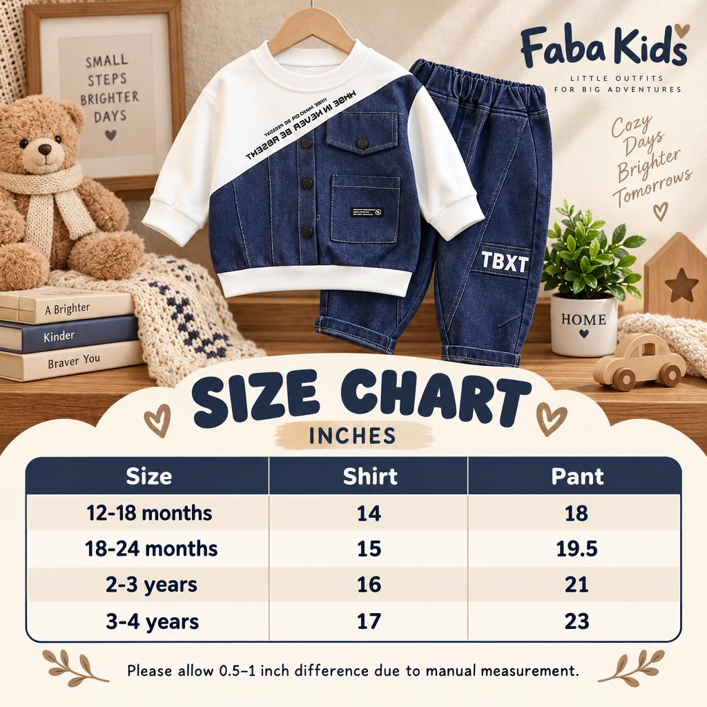 Faba Kids size chart for boys denim panel shirt and pant 2pc set, showing sizes 12-18 months through 3-4 years with shirt and pant lengths in inches.
