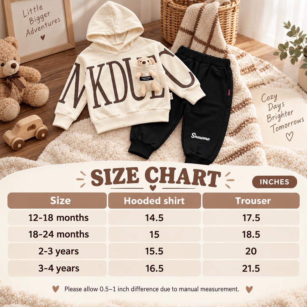 Boys hooded shirt and trouser 2pc set size chart showing White outfit and measurements for 12-18 months through 3-4 years.