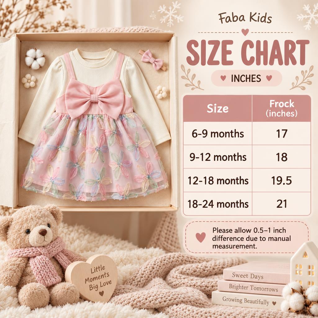 Faba Kids size chart for the girls Pink bow tulle frock, showing frock lengths for 6–9, 9–12, 12–18 and 18–24 months.