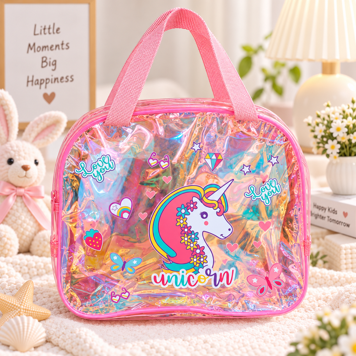 Pink holographic unicorn character bag for girls
