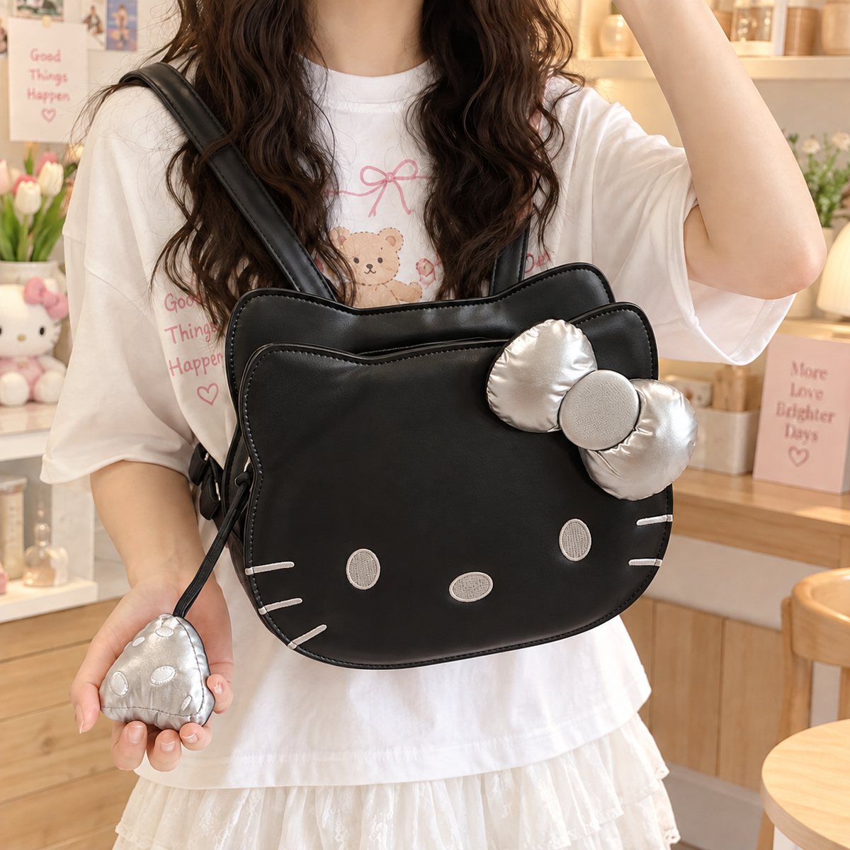 Black bow cat face girls backpack