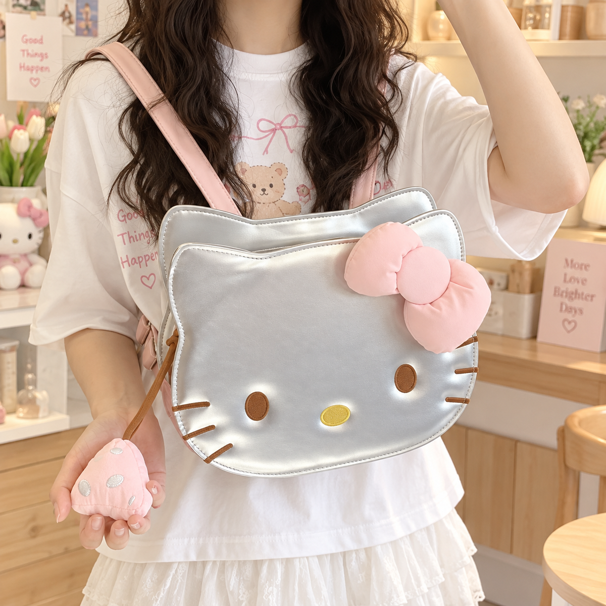 Silver bow cat face girls backpack