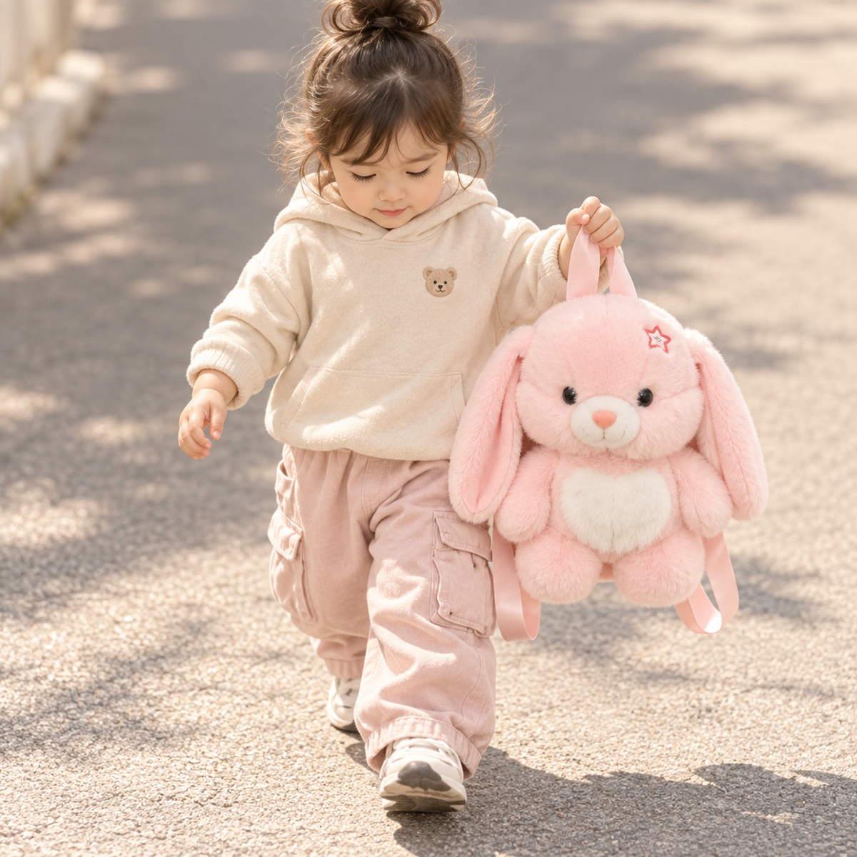 Pink bunny plush character kids backpack