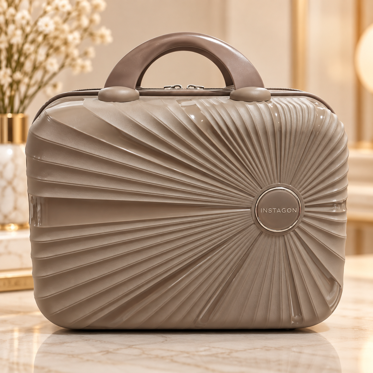 Light brown hard shell kids suitcase