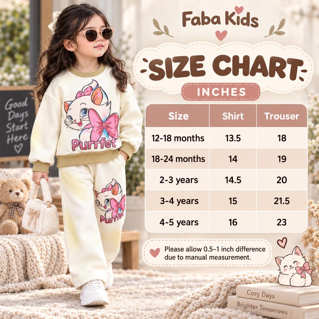 Faba Kids size chart for the girls Purrfet sweatshirt and trouser set, showing shirt and trouser measurements for 12-18 months through 4-5 years.