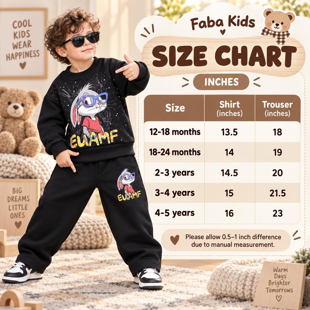 Faba Kids size chart for boys sweatshirt and trouser set, showing shirt and trouser lengths for 12-18 months through 4-5 years.