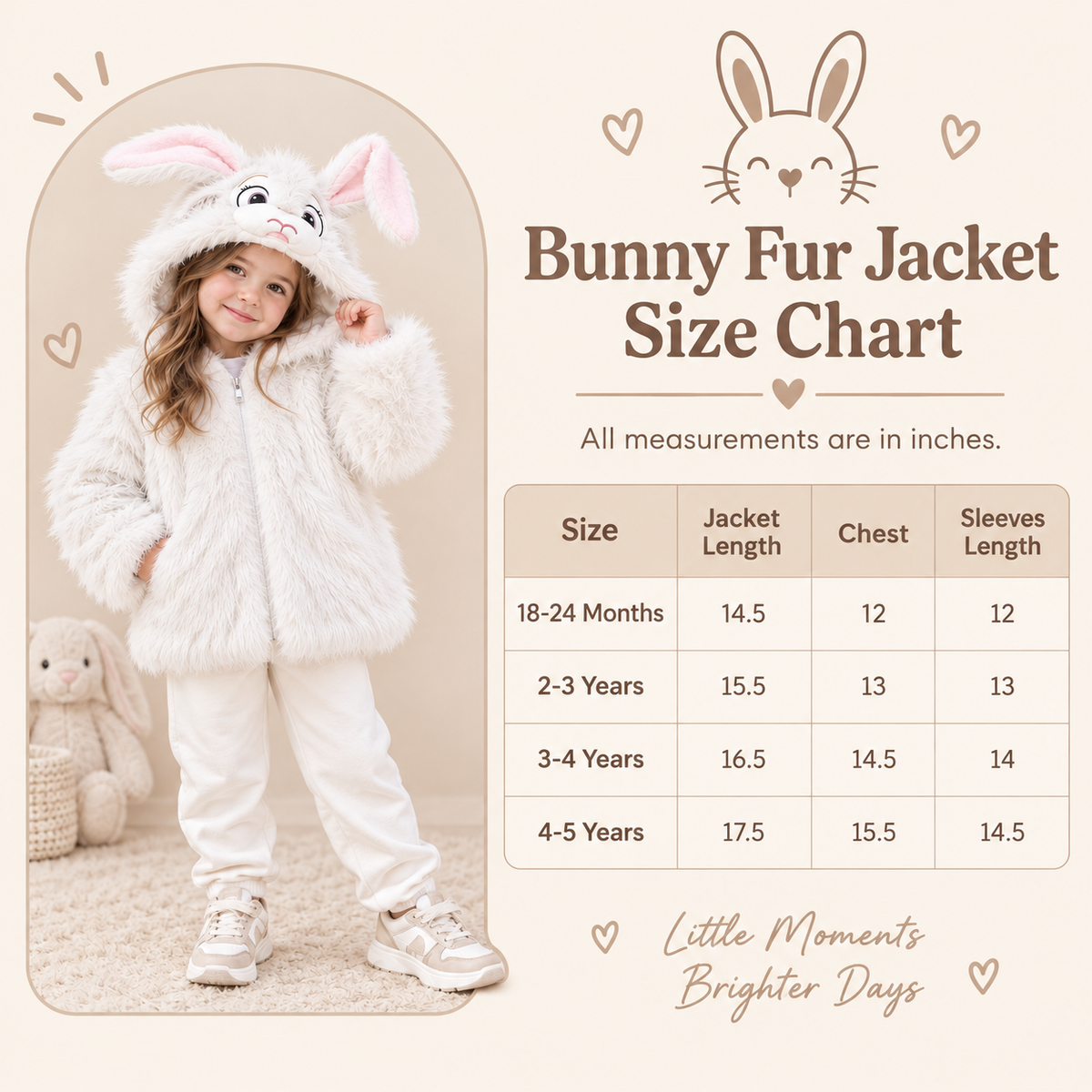 Bunny fur hooded jacket size chart in inches - Faba Kids
