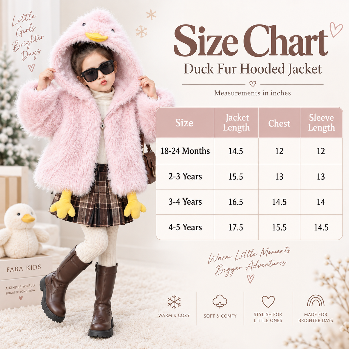 Duck fur hooded jacket size chart in inches - Faba Kids
