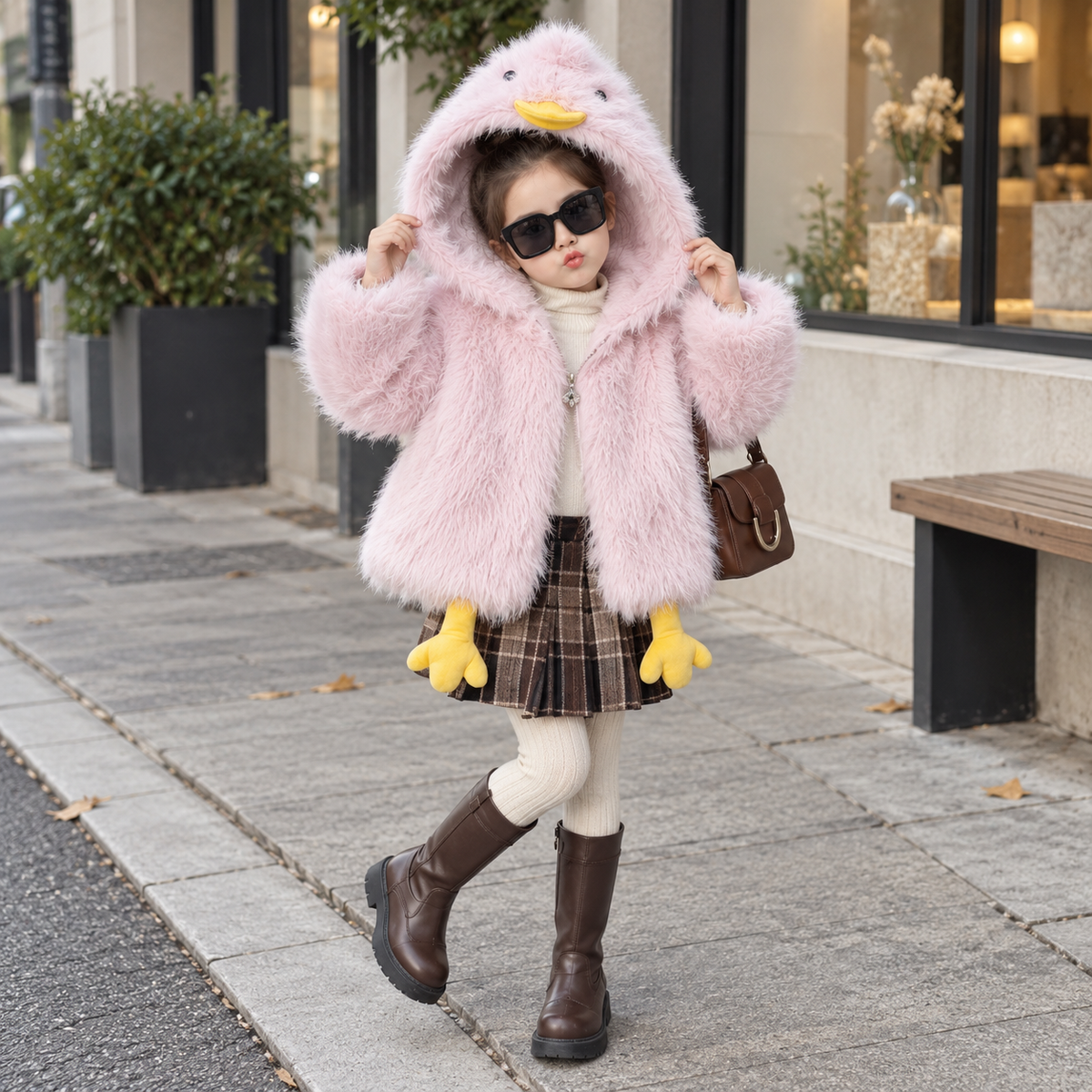 Pink duck fur hooded jacket for girls - Faba Kids