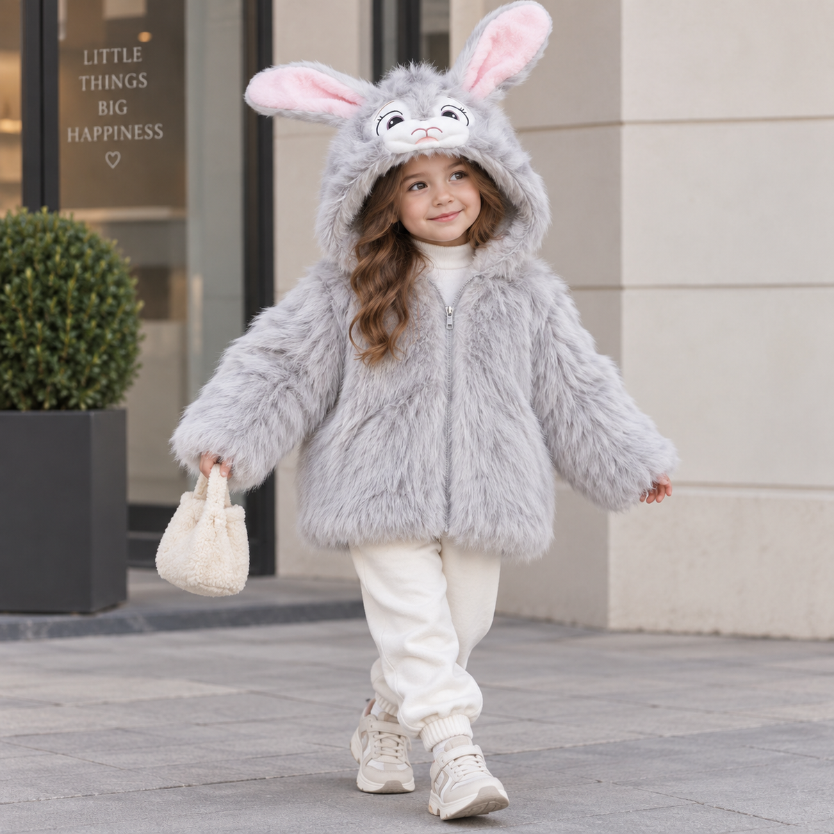 Grey bunny fur hooded jacket for girls - Faba Kids