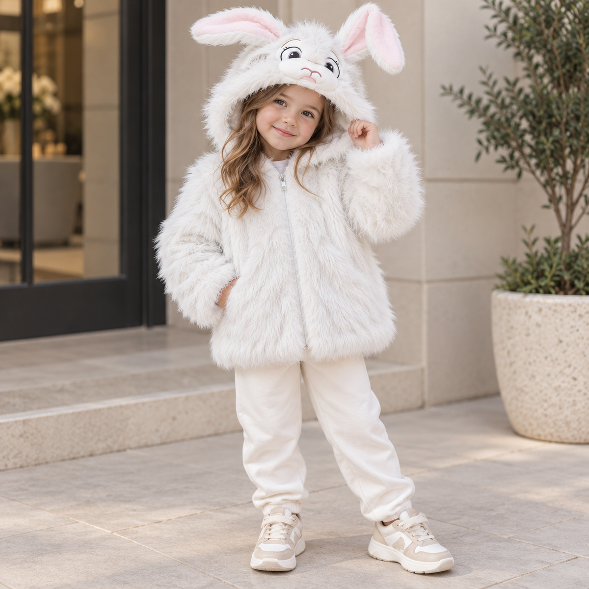White bunny fur hooded jacket for girls - Faba Kids