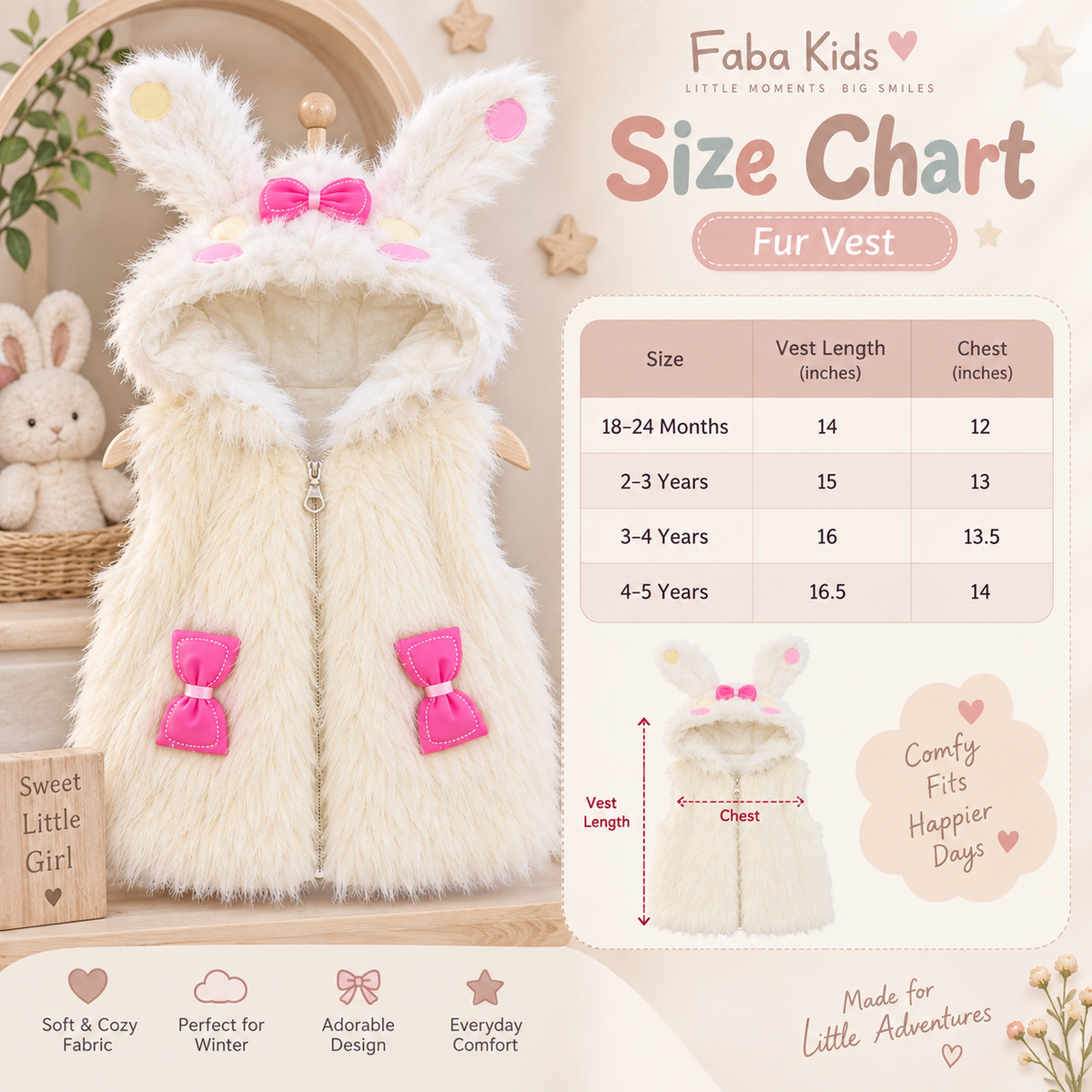 Bunny fur sleeveless vest size chart in inches - Faba Kids