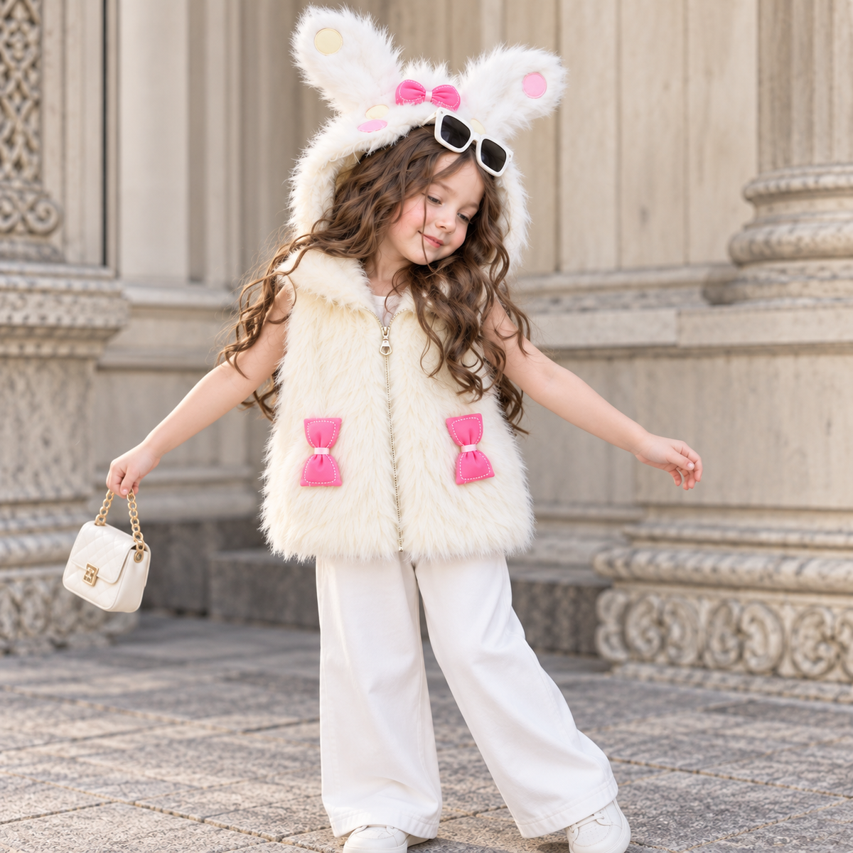 Cream bunny fur sleeveless vest lifestyle view - Faba Kids
