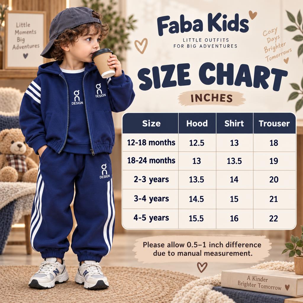 Faba Kids size chart for the boys hooded jacket, shirt and jogger 3PC set, covering 12-18 months through 4-5 years with inch measurements.