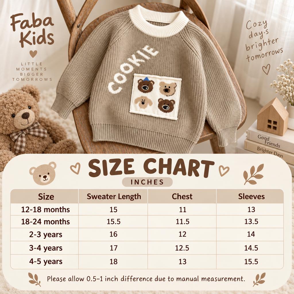 Faba Kids size chart for the Brown Cookie Bear knit sweater, showing 12-18 months to 4-5 years measurements in inches.