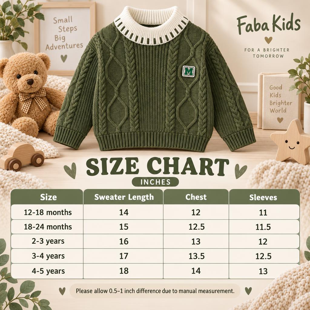 Boys Olive Green cable knit letter patch sweater size chart showing measurements for 12-18 months through 4-5 years.
